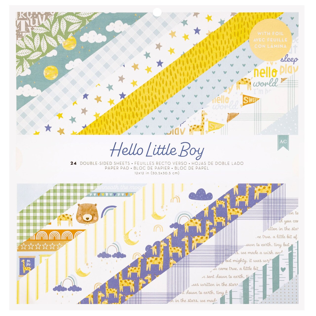 American Crafts Double-Sided Paper Pad 12"X12" 24/Pkg-Gold Foil, Hello Little Boy